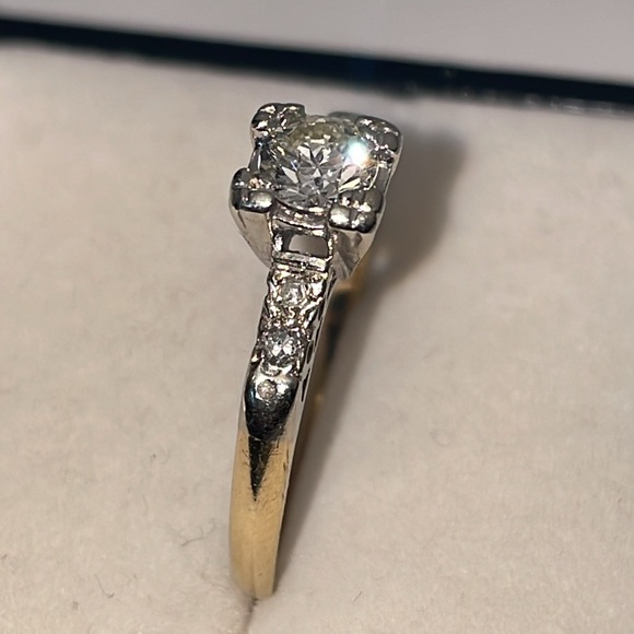 Antique Solid 14K Yellow White Gold Natural Diamond Engagement Wedding Ring - Picture 5 of 17